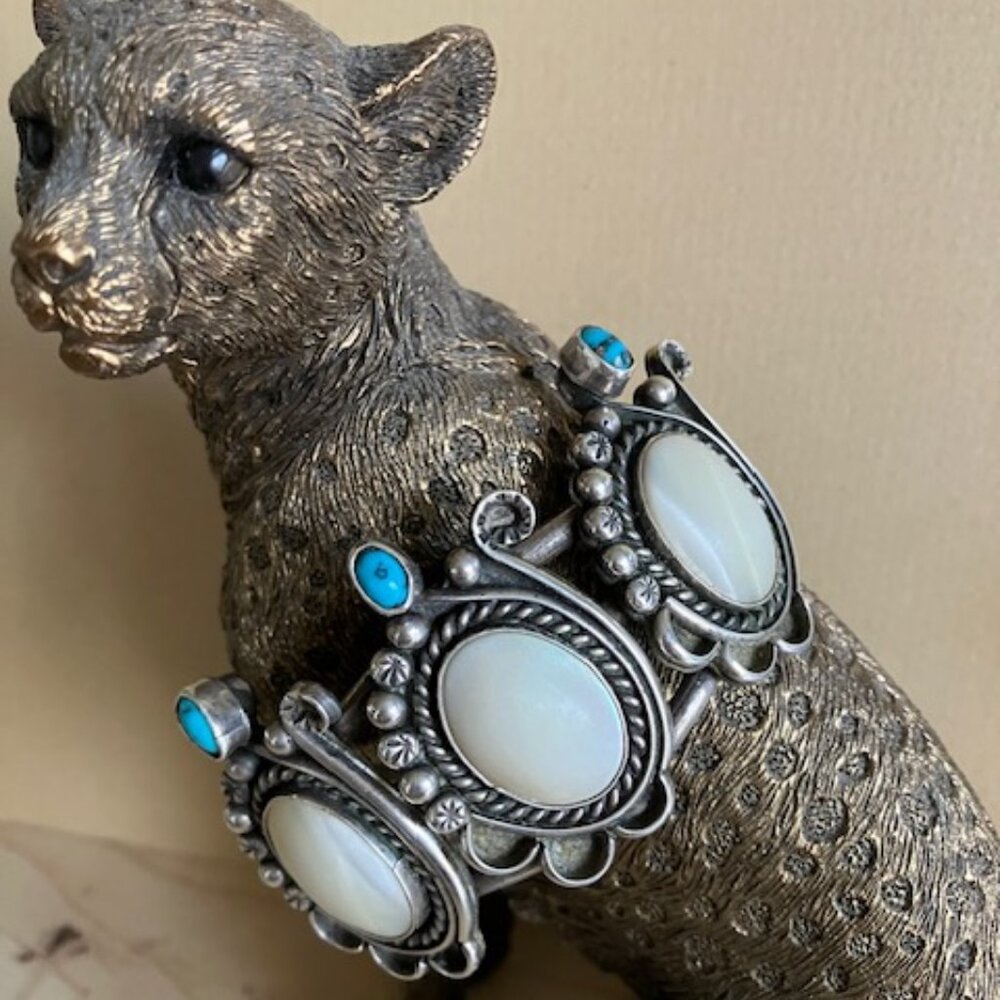 Exceptional Unique Vintage Signed Navajo MOP Turquoise Sterling Wide Cuff